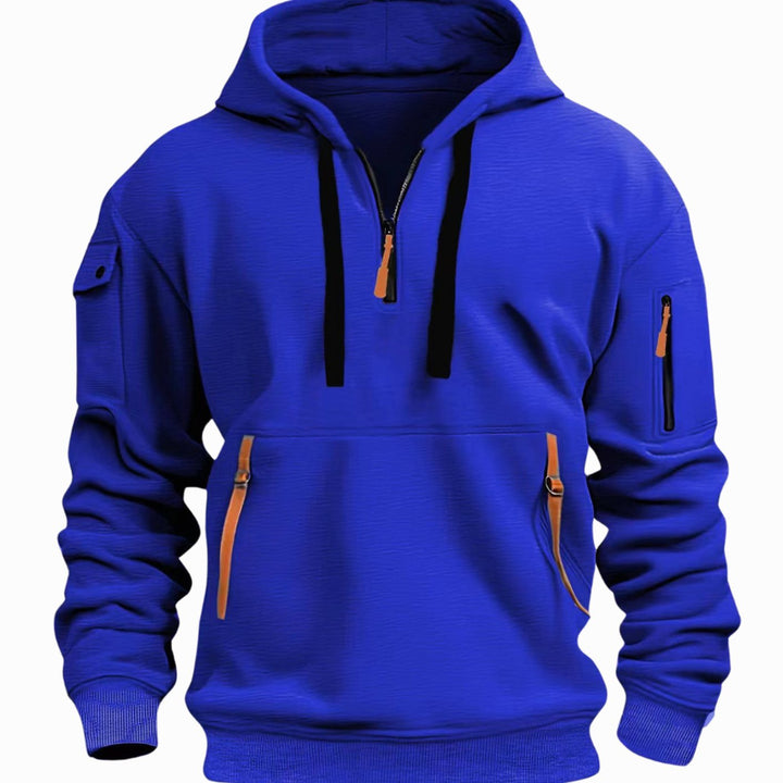 Men's Utility Pocket Quarter-Zip Style Hoodie Long Sleeve Pullover - Blue