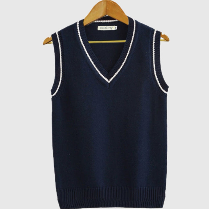 Men's V-Neck Cable Knit Striped-Trim Sleeveless Sweater Vest - Navy Blue