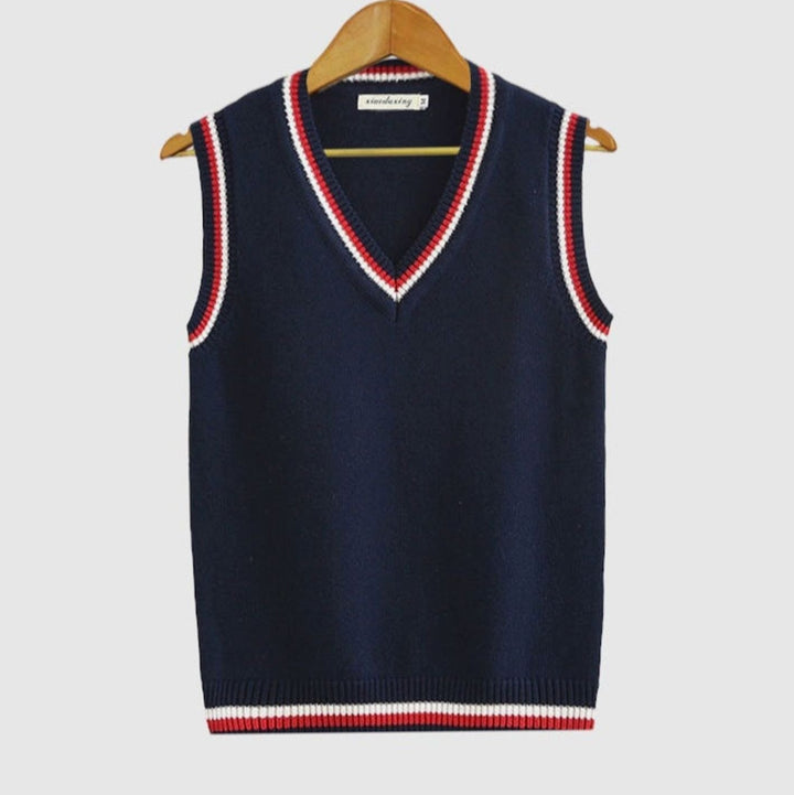 Men's V-Neck Cable Knit Striped-Trim Sleeveless Sweater Vest - Dark Blue