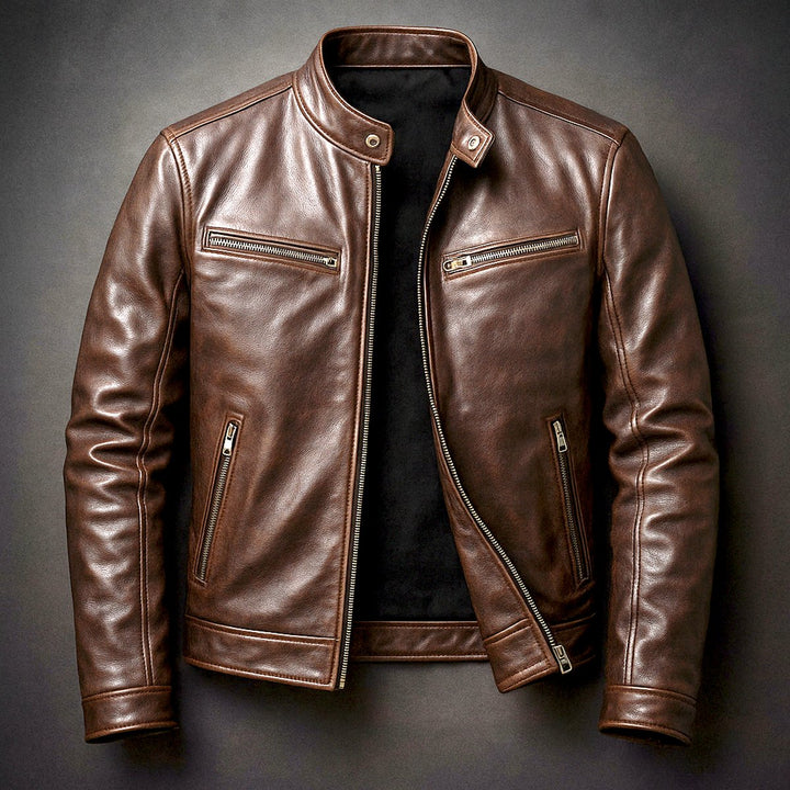 Men's Vintage Biker Leather Jacket Full-Zip Moto Style - Cigar Brown
