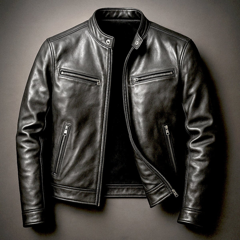 Men's Vintage Biker Leather Jacket Full-Zip Moto Style - Biker Black
