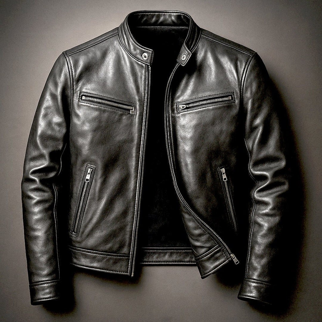 Men's Vintage Biker Leather Jacket Full-Zip Moto Style - Biker Black