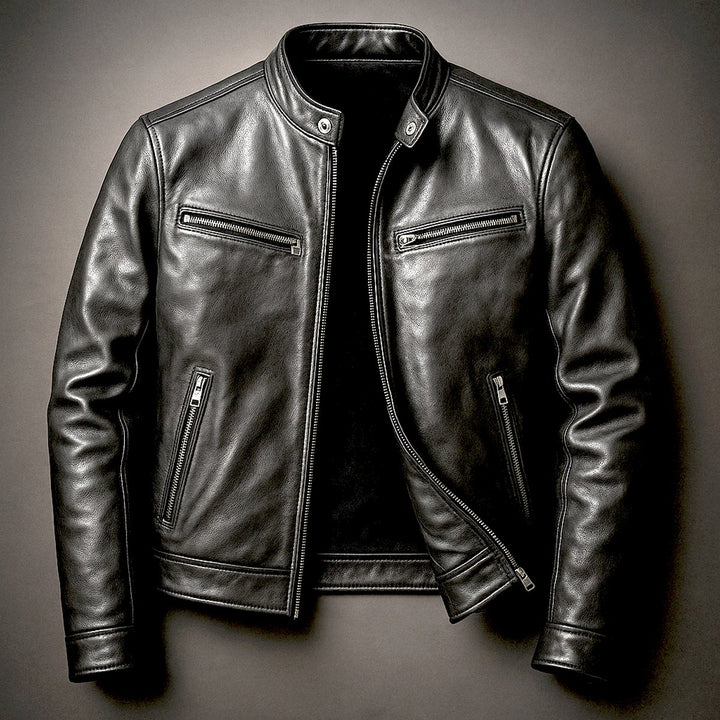 Men's Vintage Biker Leather Jacket Full-Zip Moto Style - Biker Black