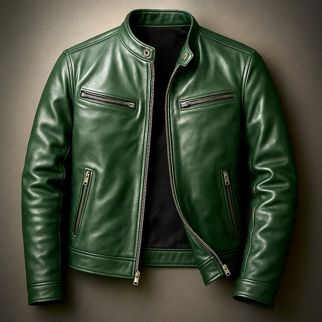 Men's Vintage Biker Leather Jacket Full-Zip Moto Style - Forest Green