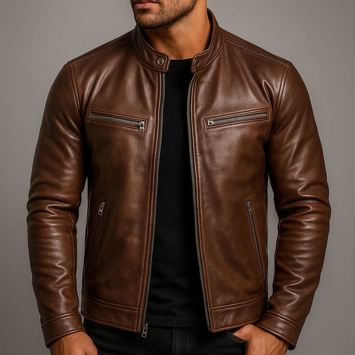 Men's Vintage Biker Leather Jacket Full-Zip Moto Style