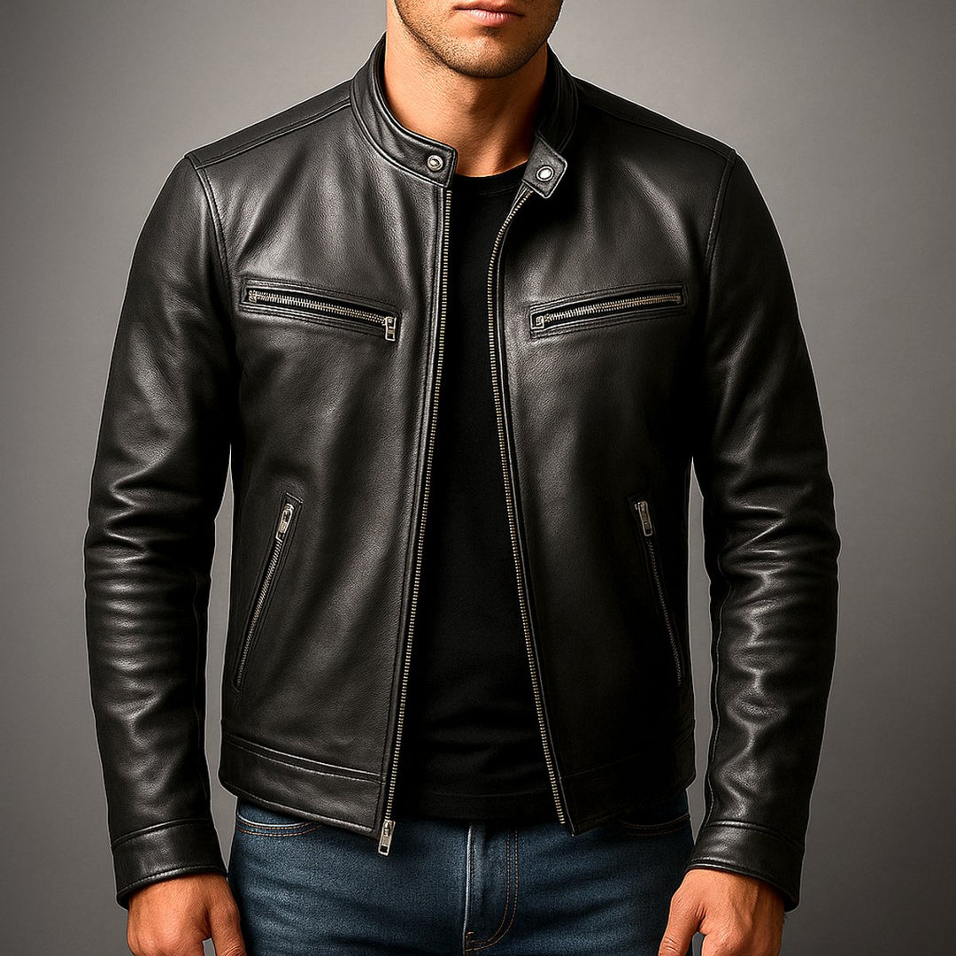 Men's Vintage Biker Leather Jacket Full-Zip Moto Style
