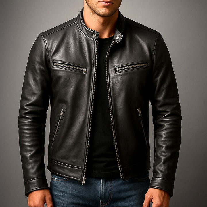 Men's Vintage Biker Leather Jacket Full-Zip Moto Style