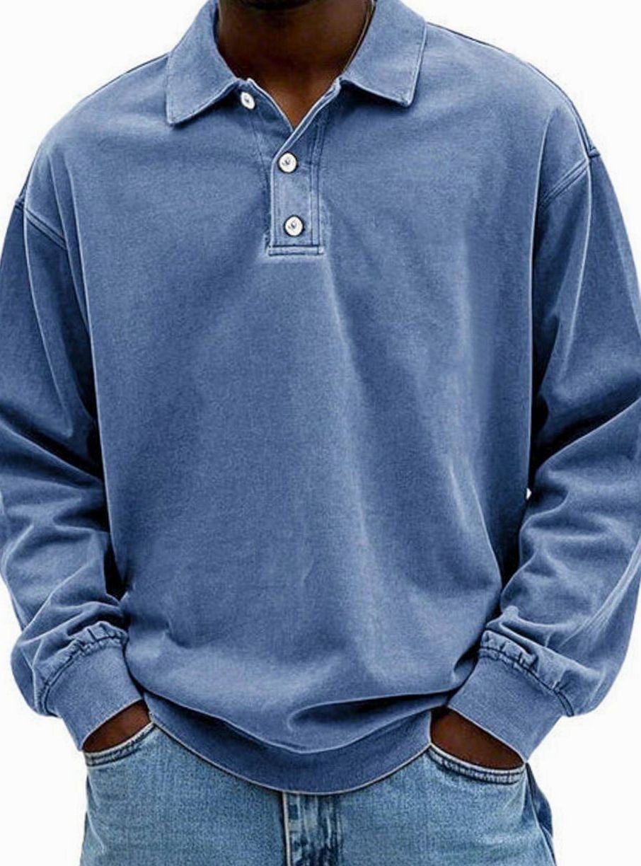 Men's Vintage Long Sleeve Relaxed-Fit Polo Shirt - Blue