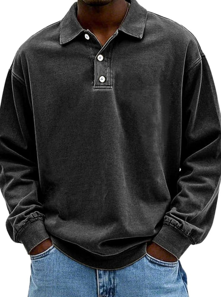 Men's Vintage Long Sleeve Relaxed-Fit Polo Shirt - Black