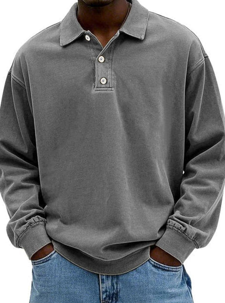 Men's Vintage Long Sleeve Relaxed-Fit Polo Shirt - Gray