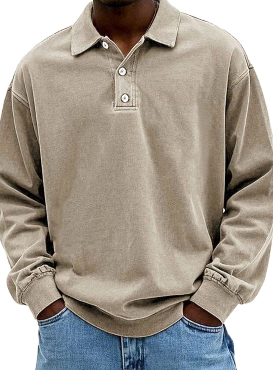 Men's Vintage Long Sleeve Relaxed-Fit Polo Shirt - Khaki