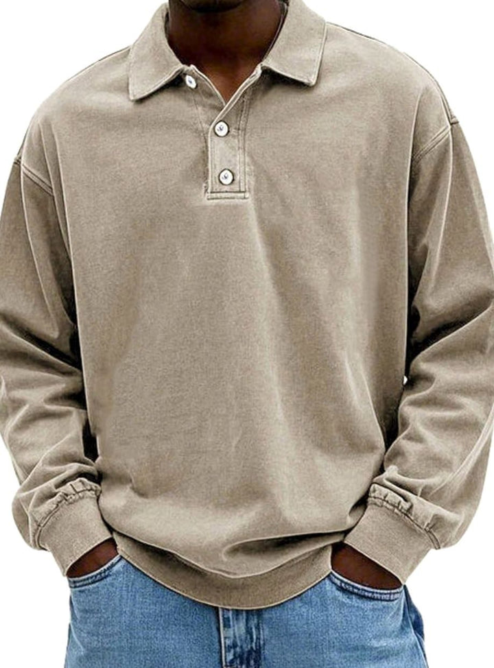 Men's Vintage Long Sleeve Relaxed-Fit Polo Shirt - Khaki