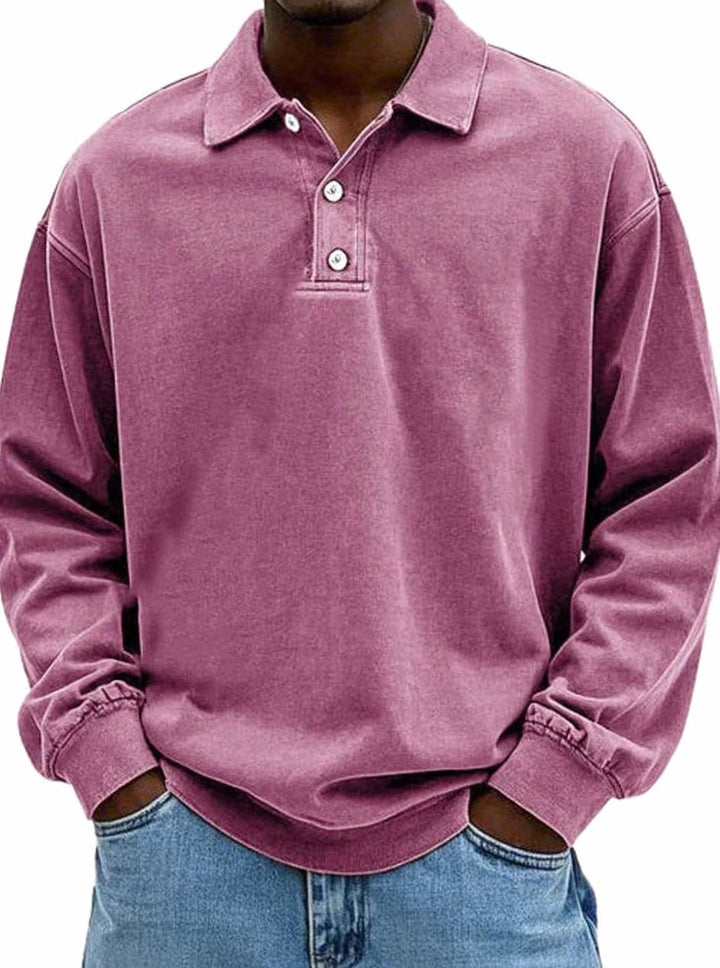 Men's Vintage Long Sleeve Relaxed-Fit Polo Shirt - Pink