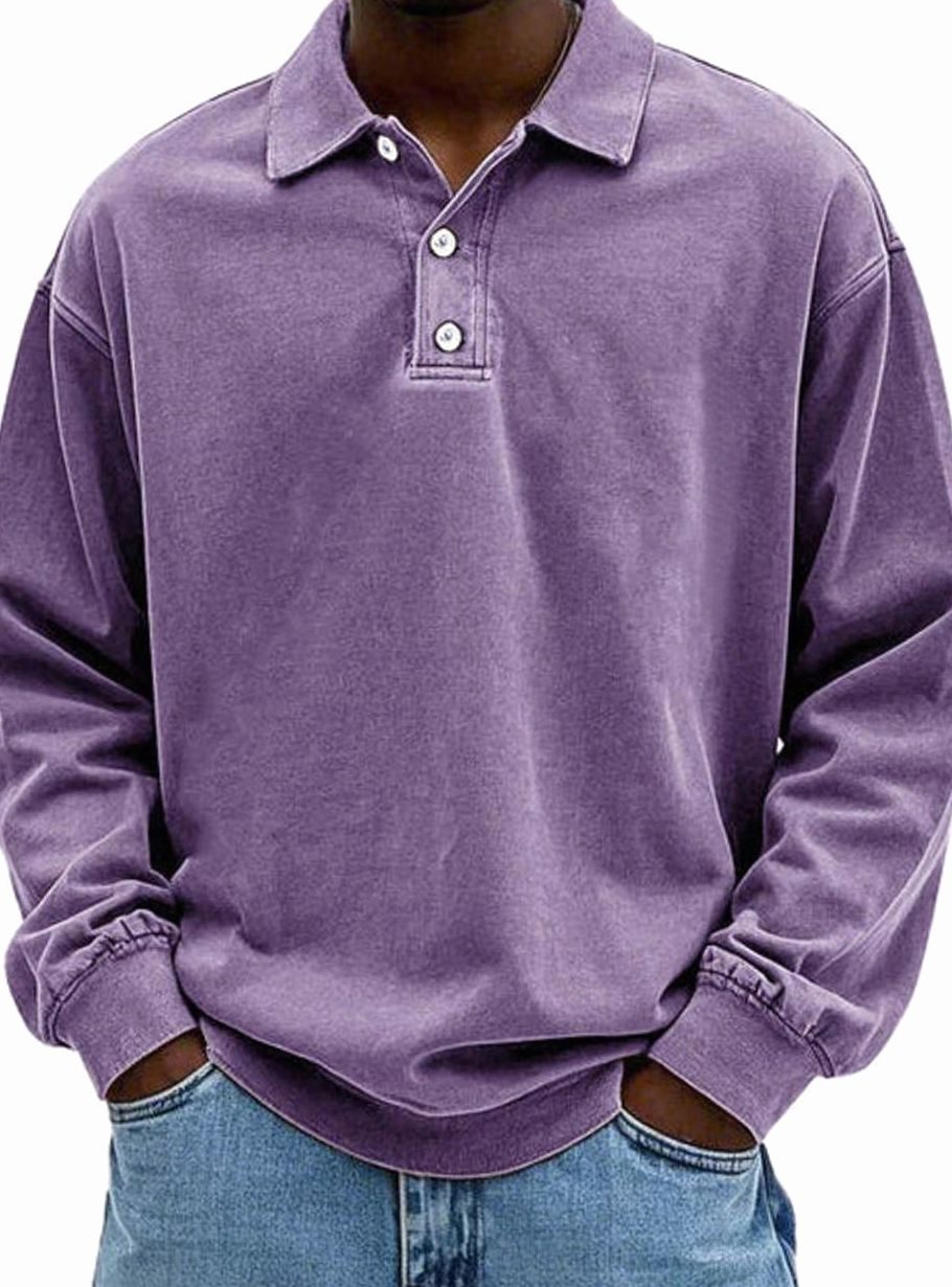 Men's Vintage Long Sleeve Relaxed-Fit Polo Shirt - Purple