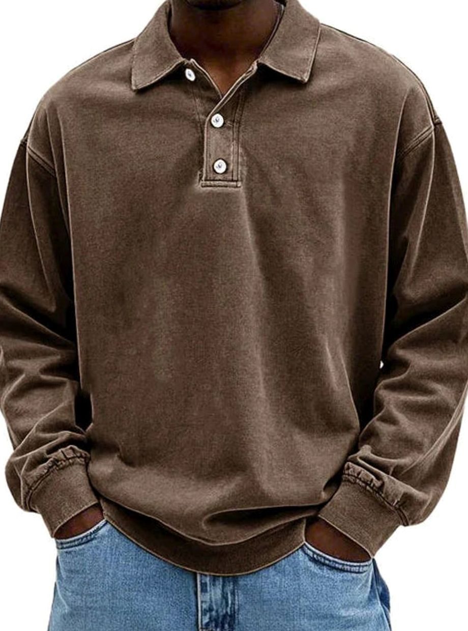 Men's Vintage Long Sleeve Relaxed-Fit Polo Shirt - Brown