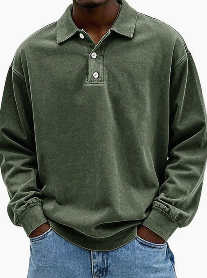 Men's Vintage Long Sleeve Relaxed-Fit Polo Shirt - Army Green