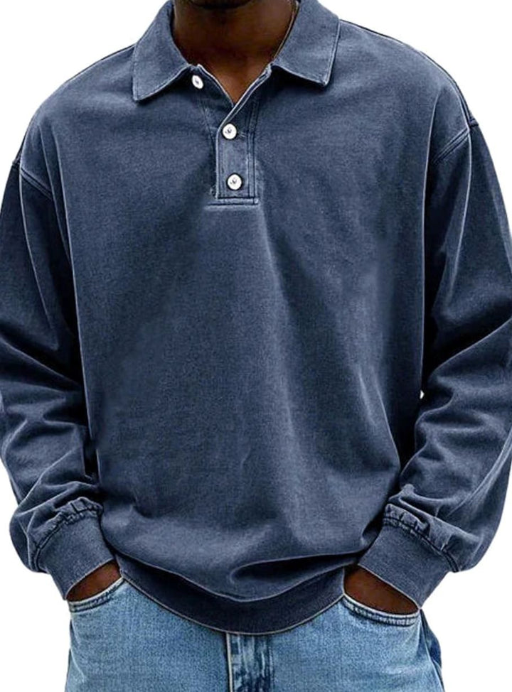 Men's Vintage Long Sleeve Relaxed-Fit Polo Shirt - Navy Blue