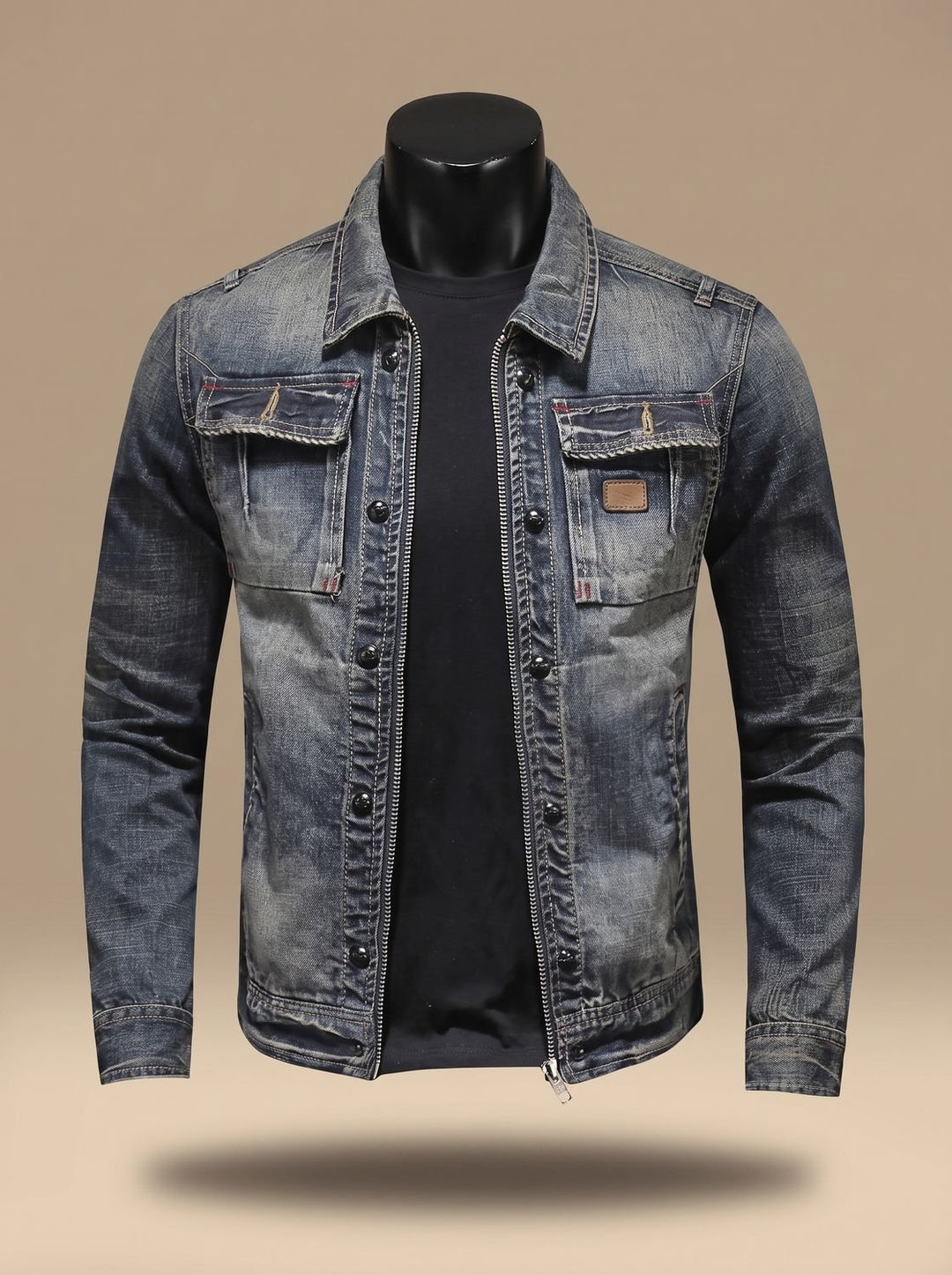 Men's Vintage-Washed Dual-Closure Denim Trucker Jacket - Denim Blue