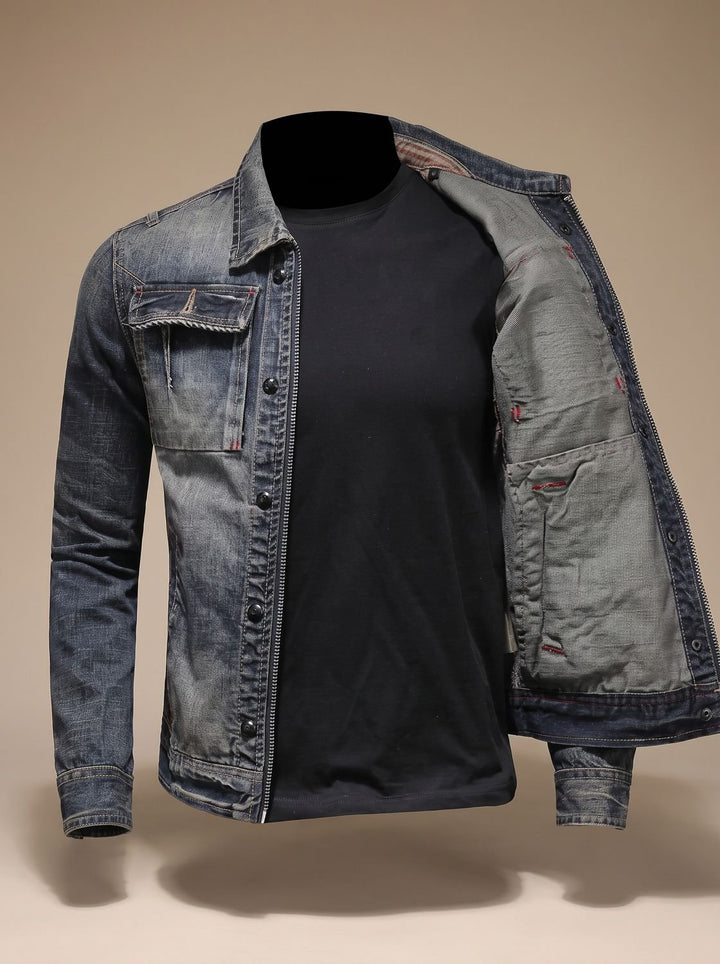 Men's Vintage-Washed Dual-Closure Denim Trucker Jacket