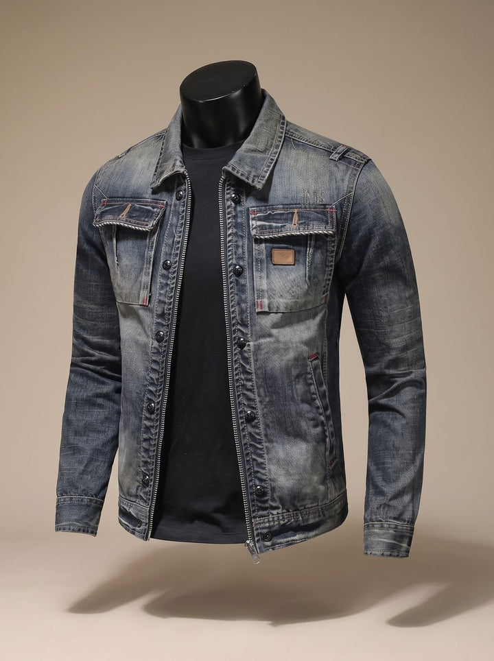 Men's Vintage-Washed Dual-Closure Denim Trucker Jacket