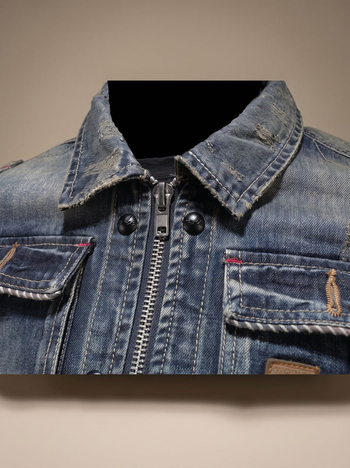 Men's Vintage-Washed Dual-Closure Denim Trucker Jacket