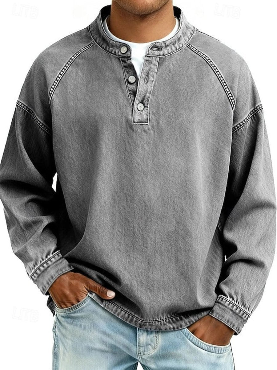 Men's Vintage Washed Henley Pullover Mens Knit Sweater Long Sleeve - Gray