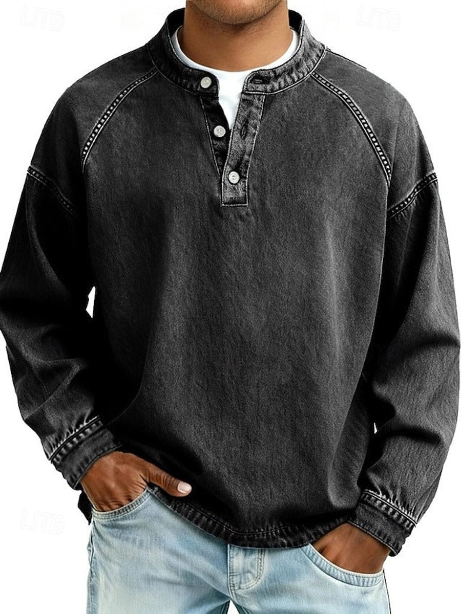 Men's Vintage Washed Henley Pullover Mens Knit Sweater Long Sleeve - Black