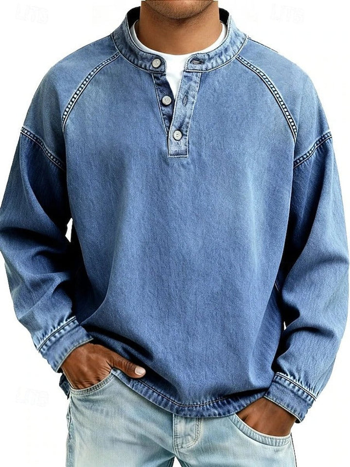 Men's Vintage Washed Henley Pullover Mens Knit Sweater Long Sleeve - Light Blue