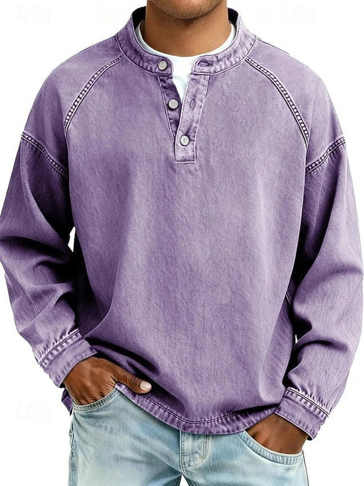 Men's Vintage Washed Henley Pullover Mens Knit Sweater Long Sleeve - Purple