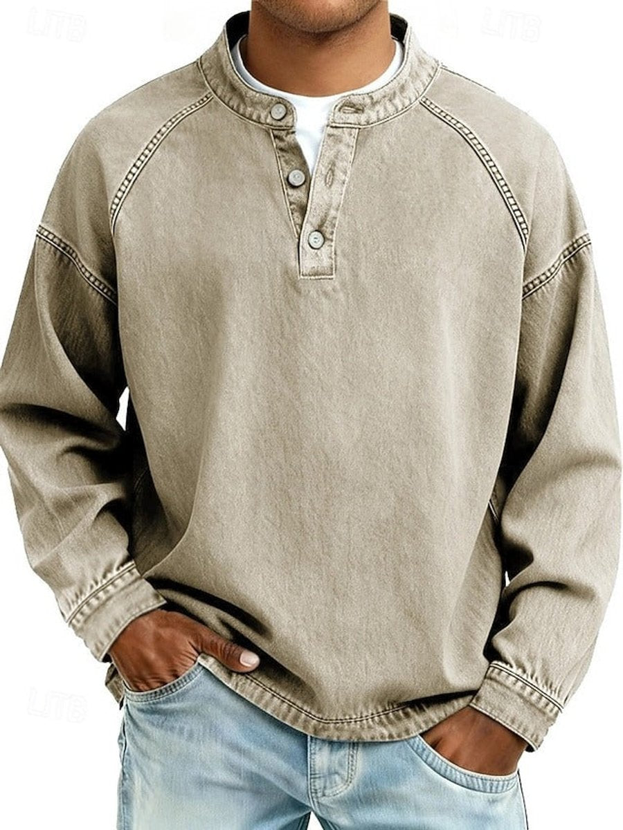 Men's Vintage Washed Henley Pullover Mens Knit Sweater Long Sleeve - Khaki