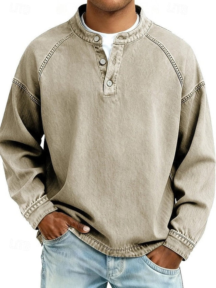 Men's Vintage Washed Henley Pullover Mens Knit Sweater Long Sleeve - Khaki