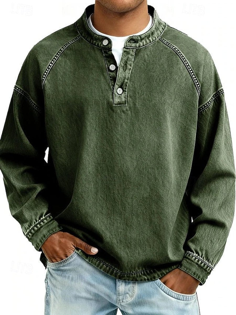 Men's Vintage Washed Henley Pullover Mens Knit Sweater Long Sleeve - Dark Green