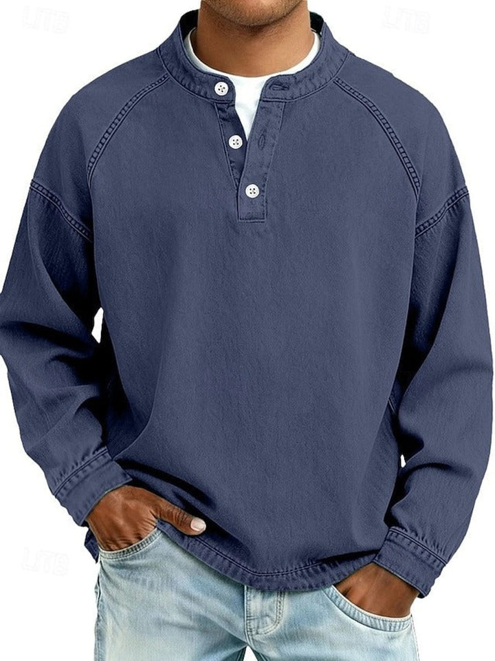 Men's Vintage Washed Henley Pullover Mens Knit Sweater Long Sleeve - Dark Blue
