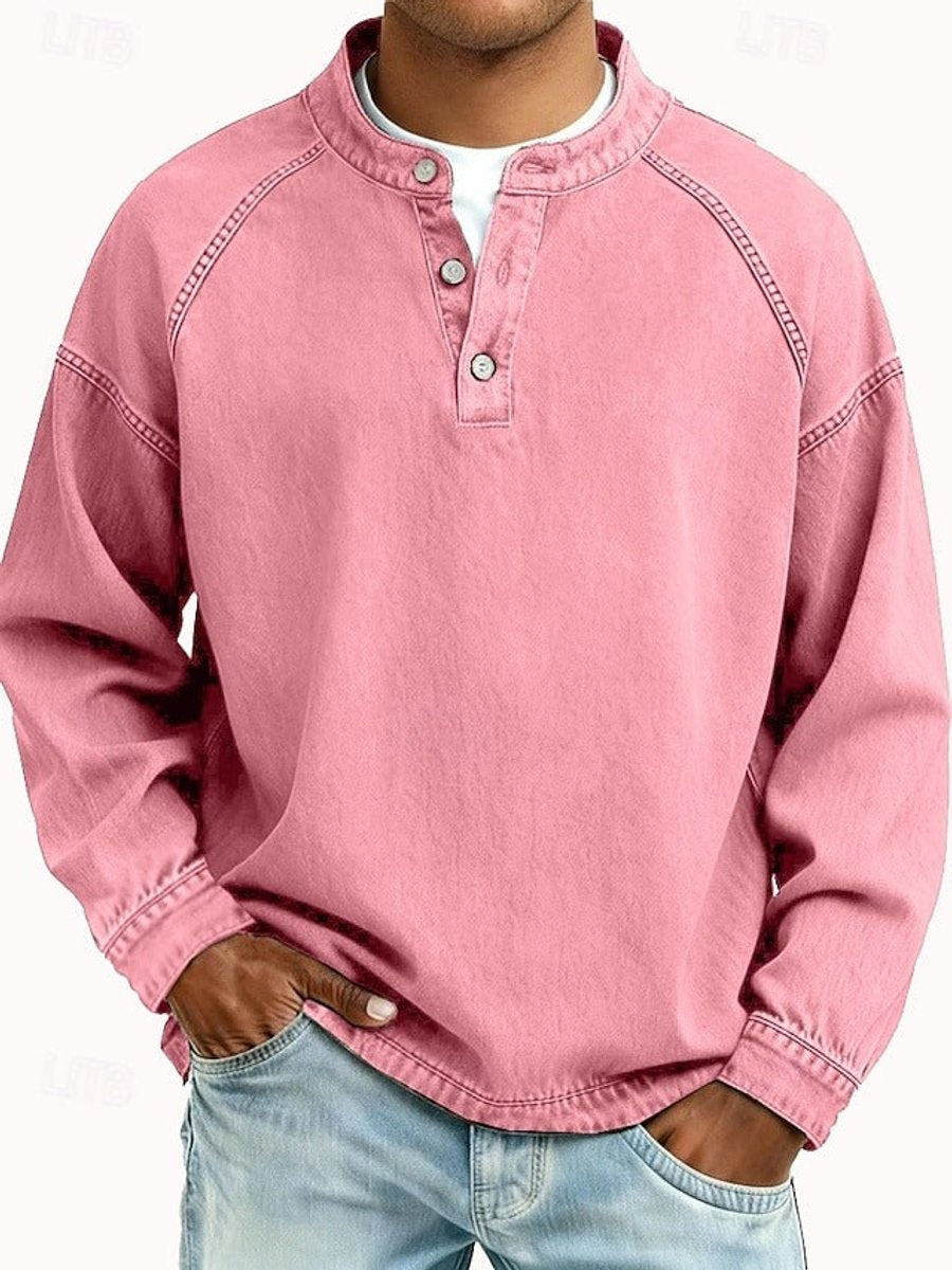 Men's Vintage Washed Henley Pullover Mens Knit Sweater Long Sleeve - Pink