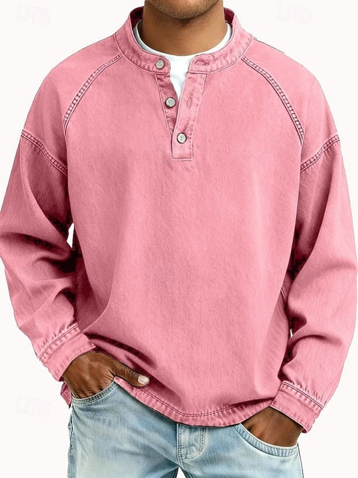 Men's Vintage Washed Henley Pullover Mens Knit Sweater Long Sleeve - Pink