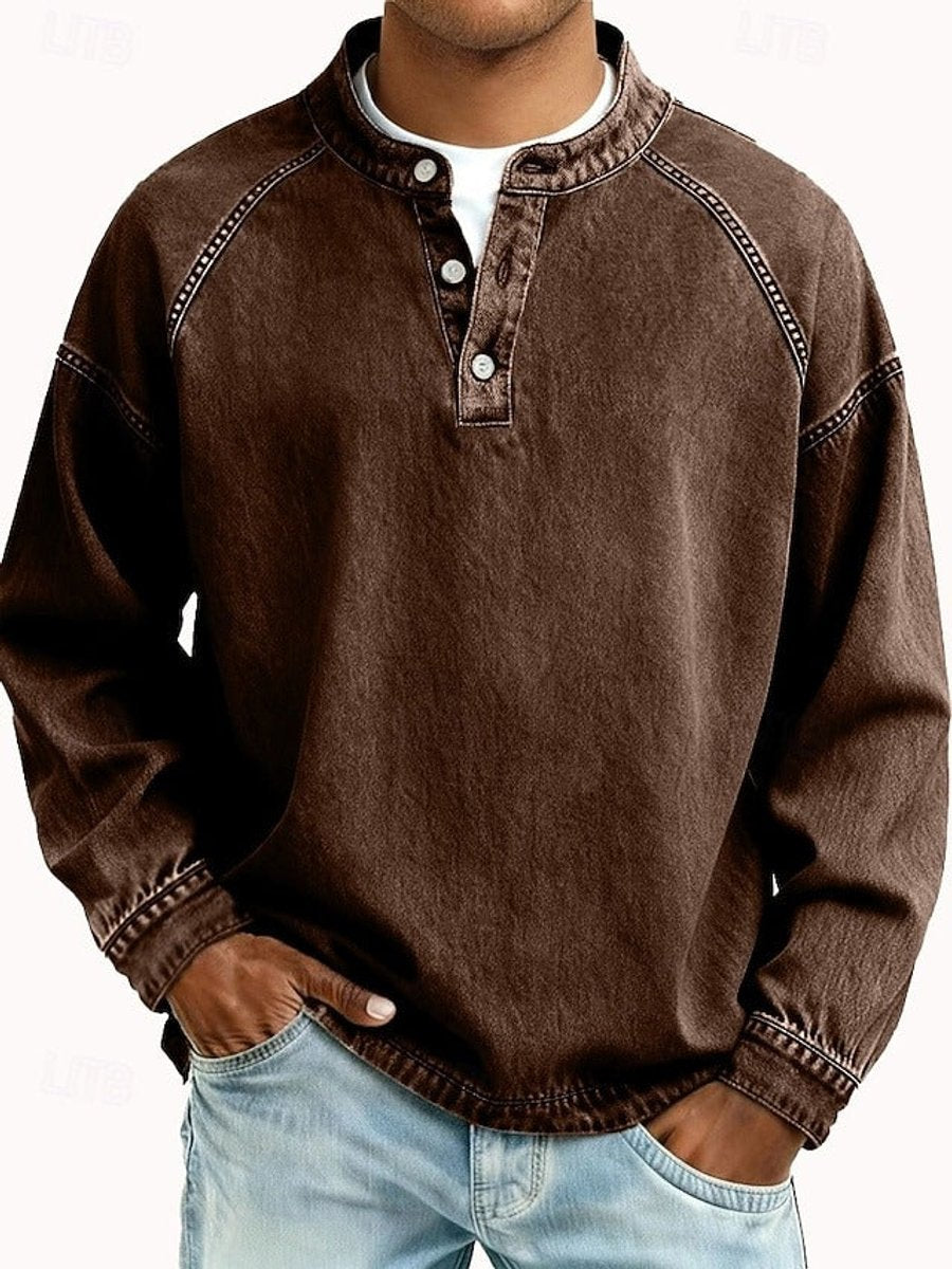 Men's Vintage Washed Henley Raglan Pullover Sweatshirt - Brown
