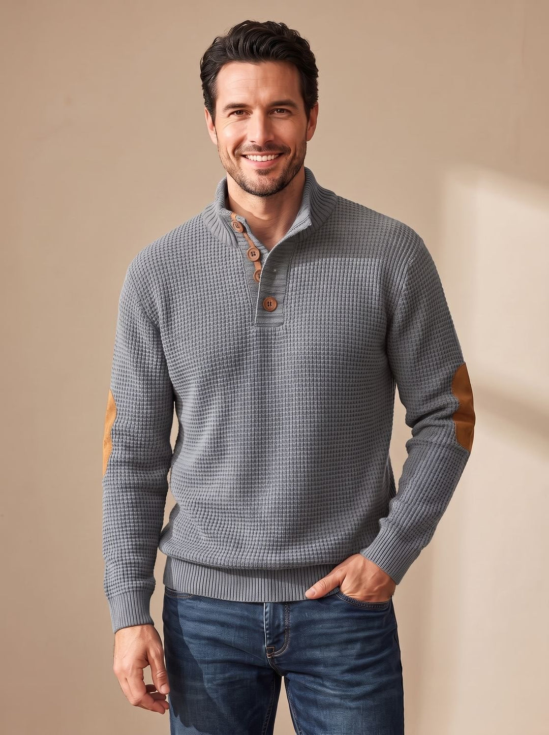 Men's Waffle-Knit Button-Collar Long Sleeve Pullover Sweater - Gray