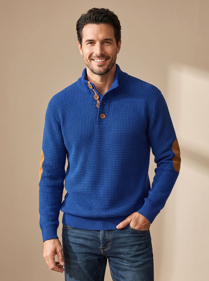 Men's Waffle-Knit Button-Collar Long Sleeve Pullover Sweater - Royal Blue