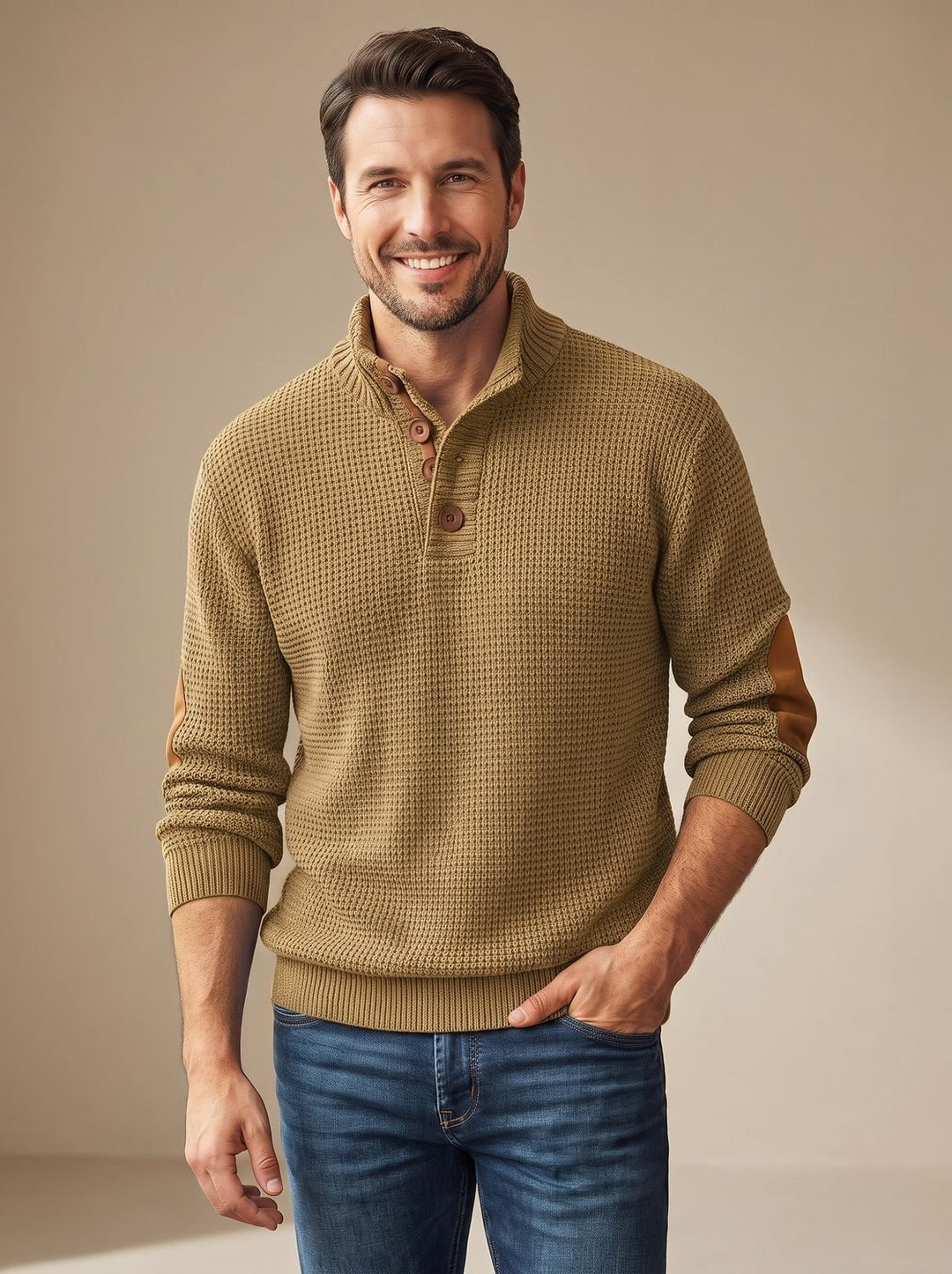 Men's Waffle-Knit Button-Collar Long Sleeve Pullover Sweater - Khaki