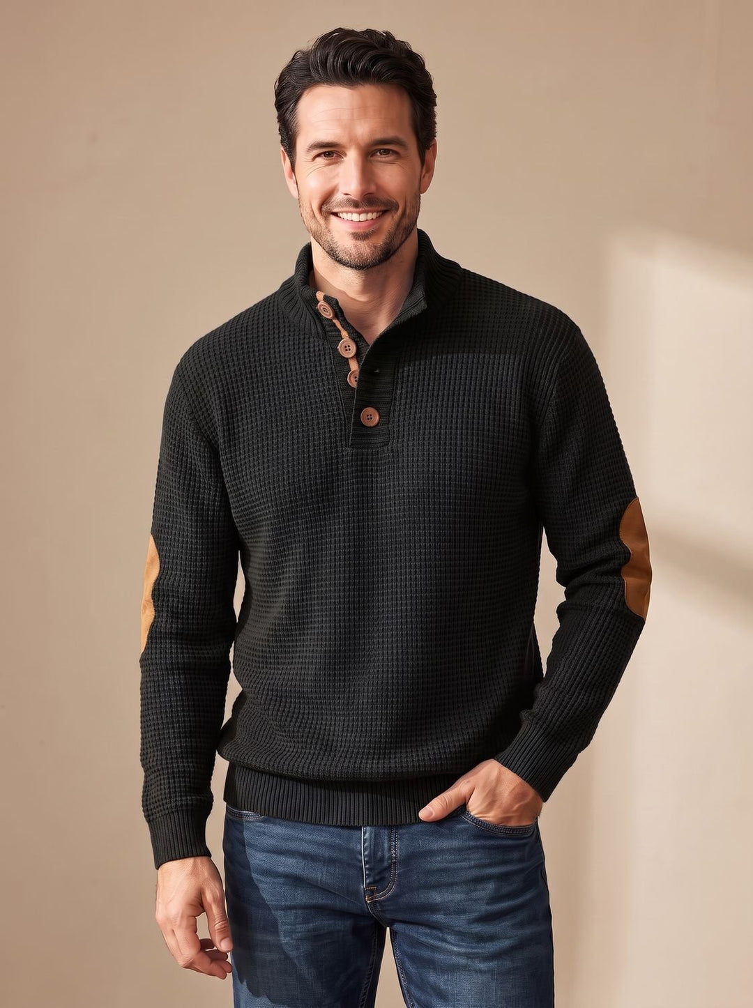 Men's Waffle-Knit Button-Collar Long Sleeve Pullover Sweater - Black