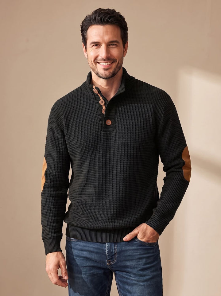 Men's Waffle-Knit Button-Collar Long Sleeve Pullover Sweater - Black