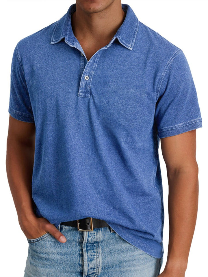 Men's Washed Short-Sleeve Collared Polo Shirt - Blue