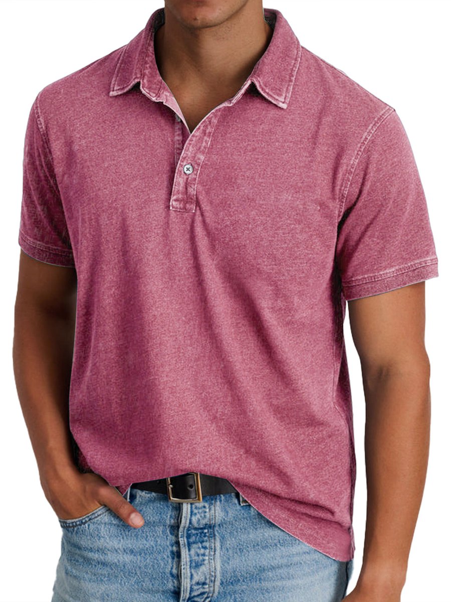 Men's Washed Short-Sleeve Collared Polo Shirt - Pink