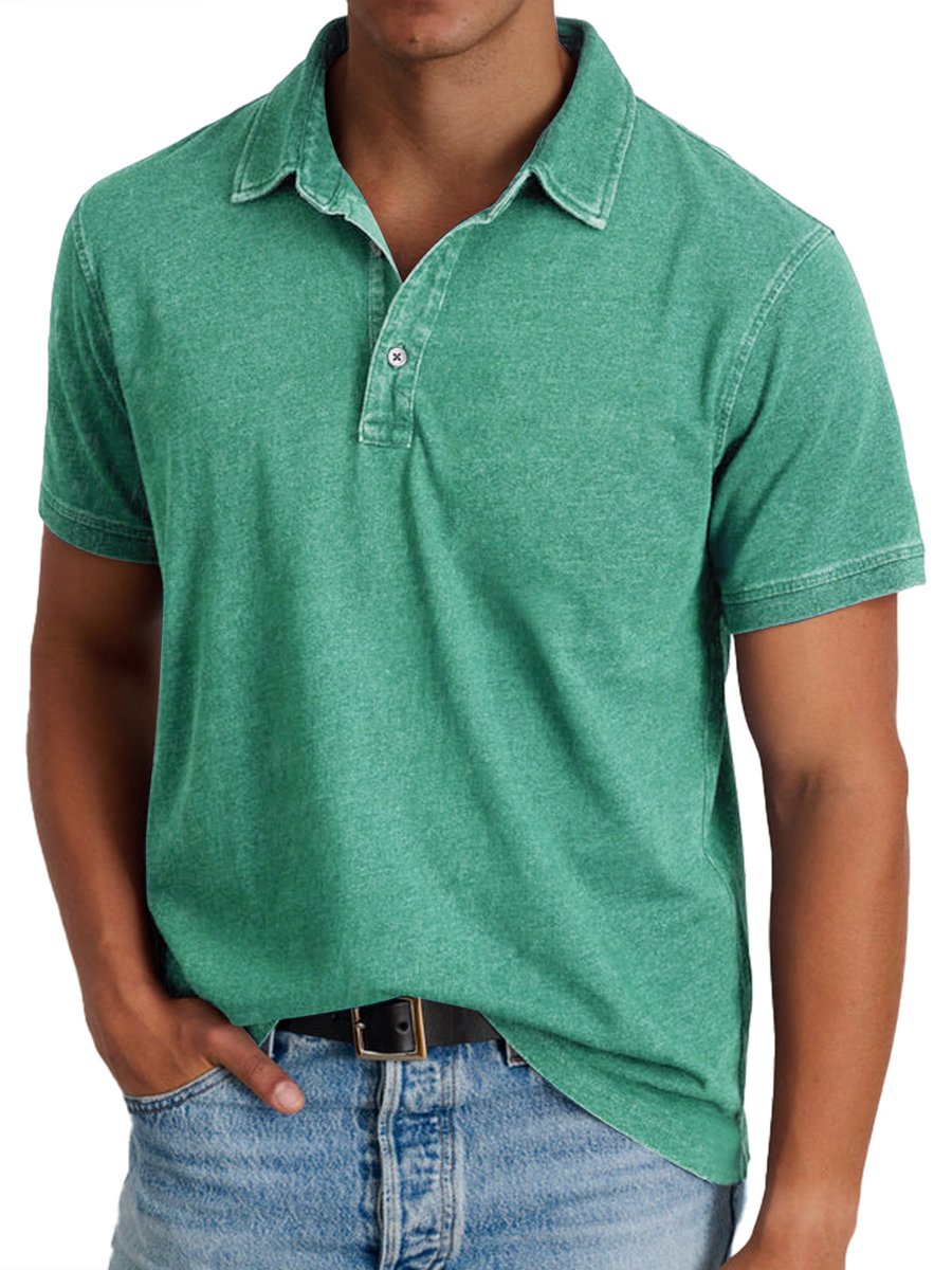 Men's Washed Short-Sleeve Collared Polo Shirt - Green