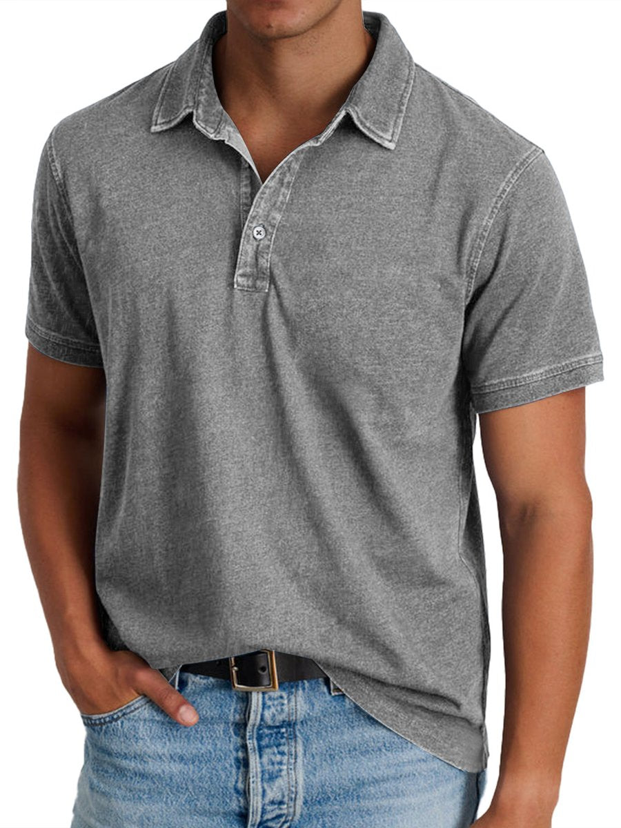 Men's Washed Short-Sleeve Collared Polo Shirt - Gray