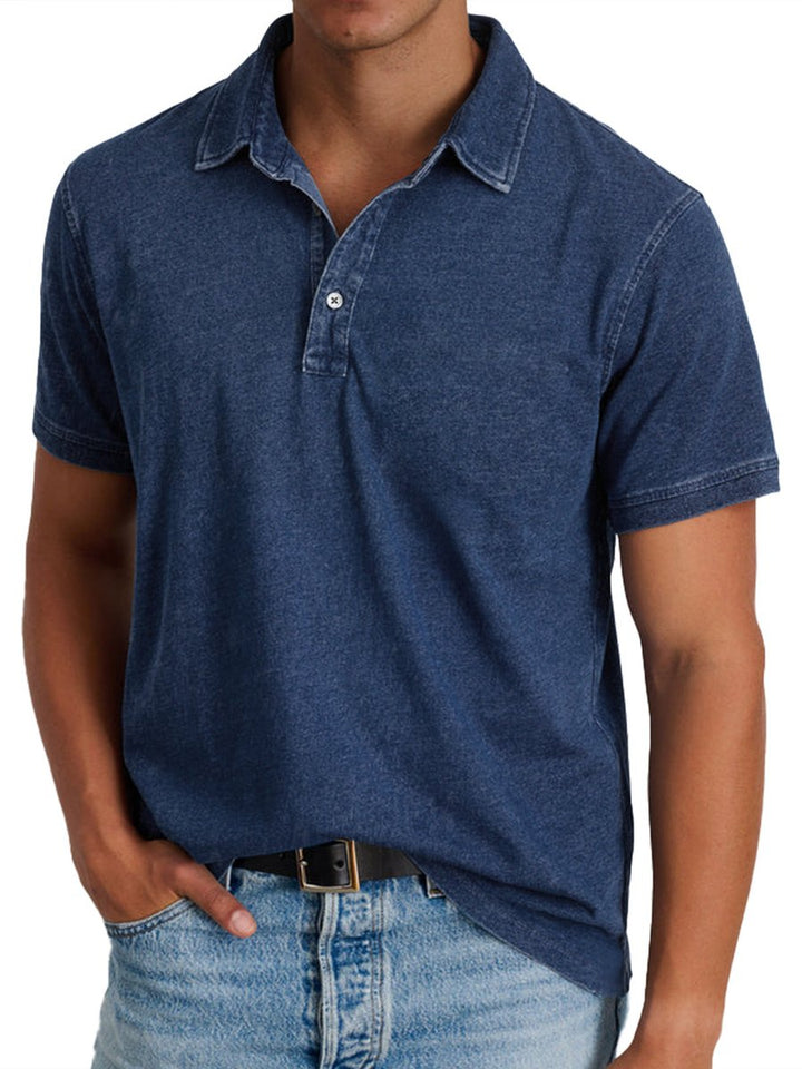 Men's Washed Short-Sleeve Collared Polo Shirt - Navy Blue