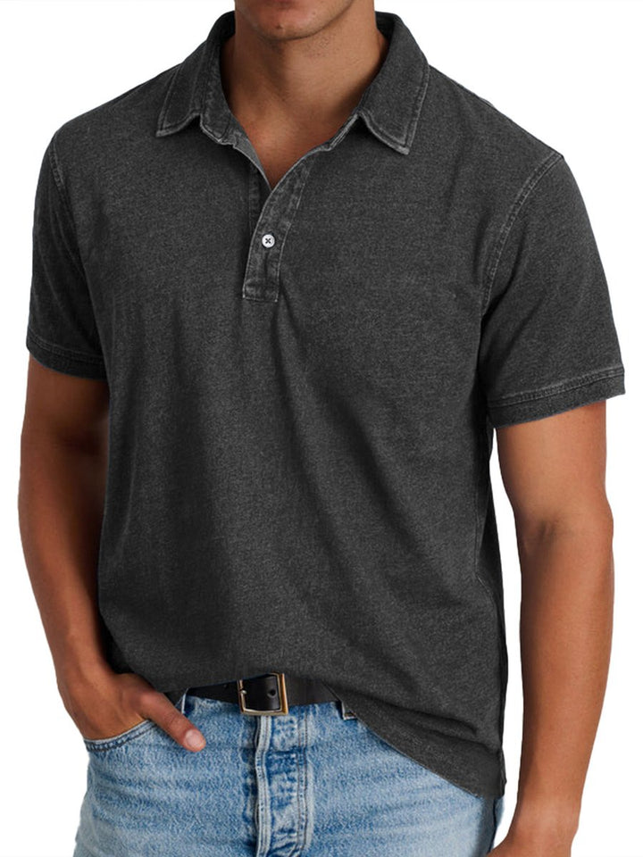 Men's Washed Short-Sleeve Collared Polo Shirt - Black