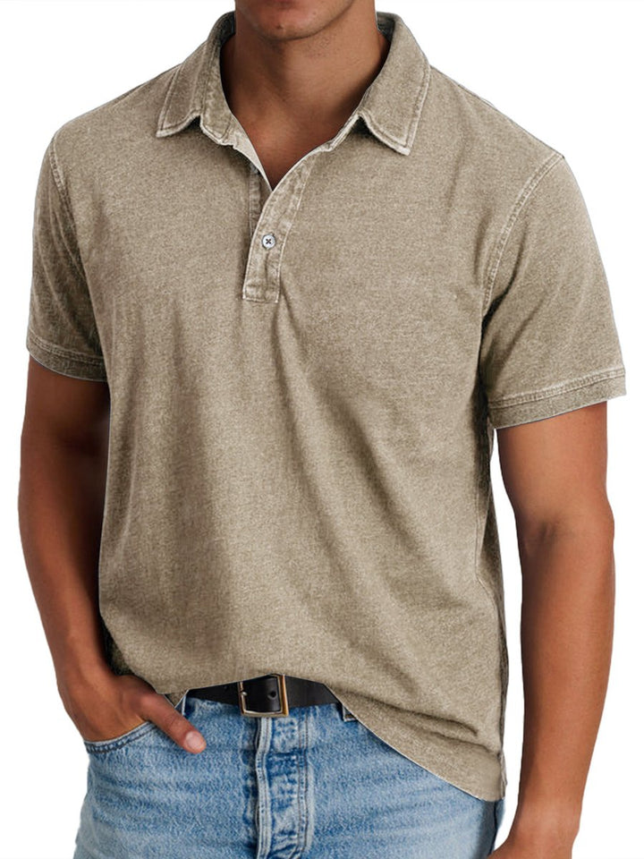 Men's Washed Short-Sleeve Collared Polo Shirt - Khaki
