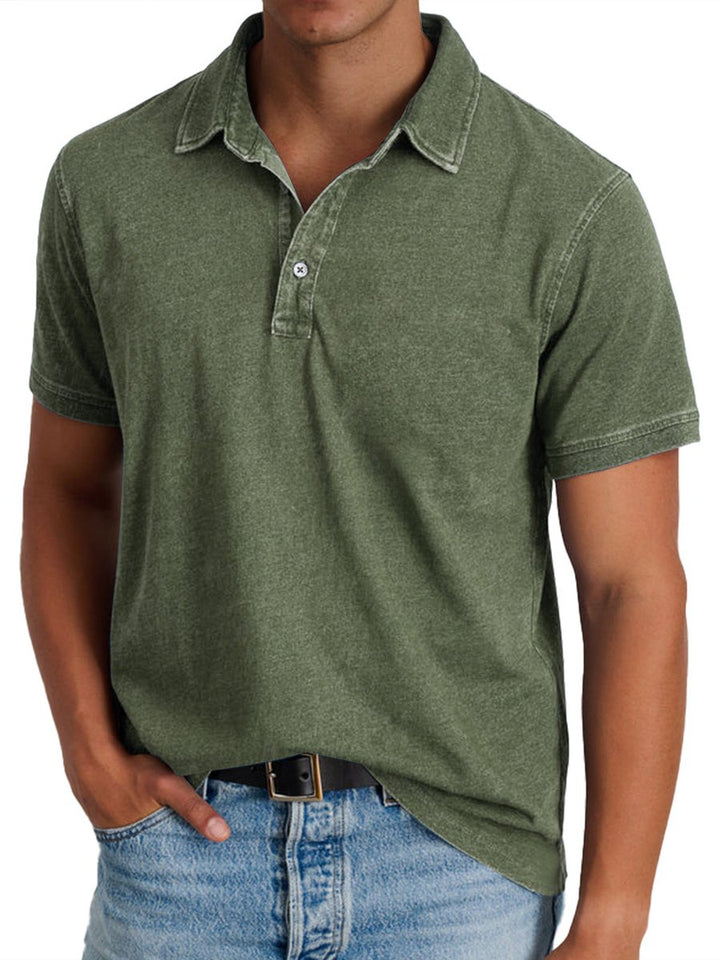 Men's Washed Short-Sleeve Collared Polo Shirt - Army Green