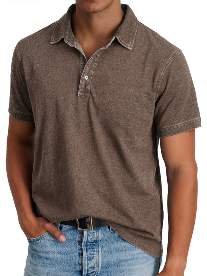 Men's Washed Short-Sleeve Collared Polo Shirt - Brown